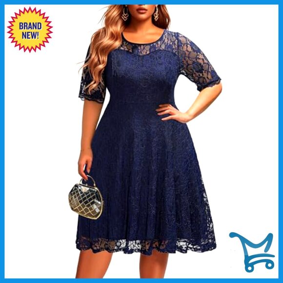 Lace Midi Dress Semi Formal Cocktail Party Wedding Guest Elegant Fit Flare - Picture 2 of 7